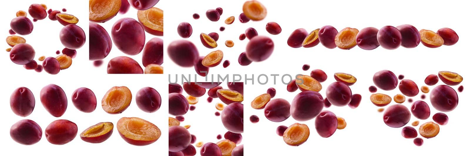 A set of photos. Red plums levitate on a white background.