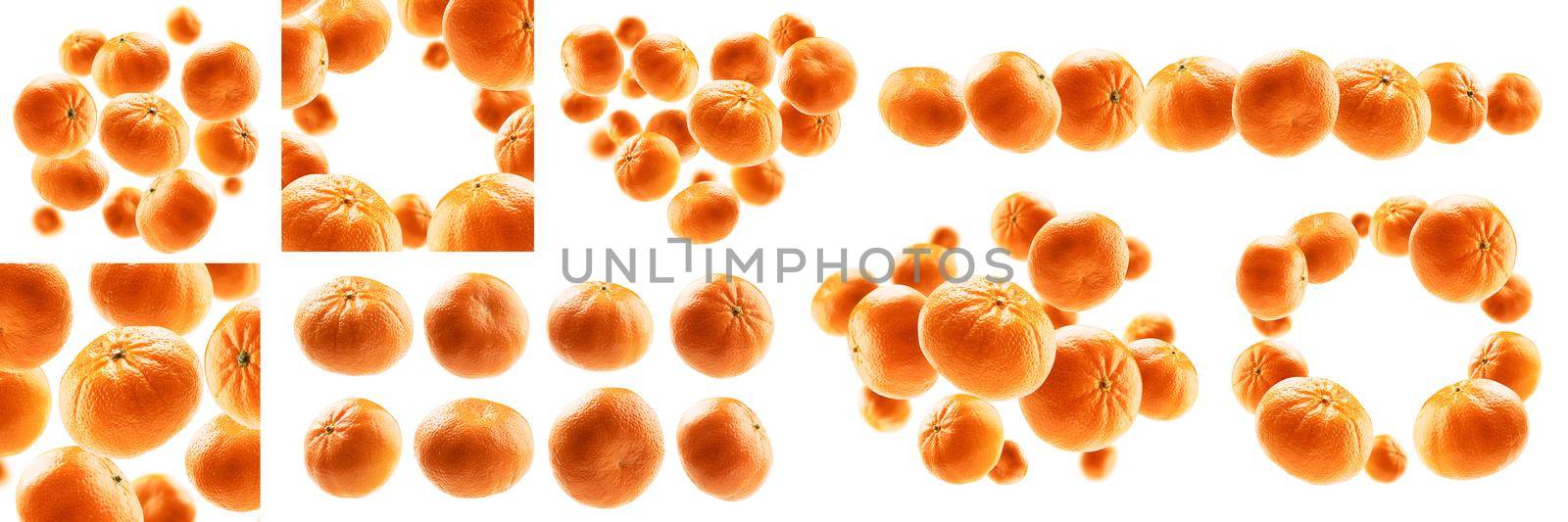 A set of photos. Orange tangerines levitate on a white background.