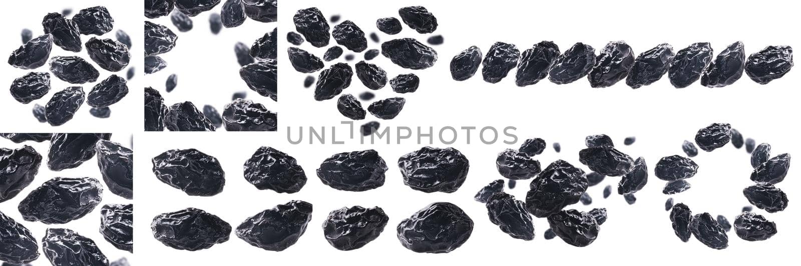 A set of photos. Dried prunes levitate on a white background.