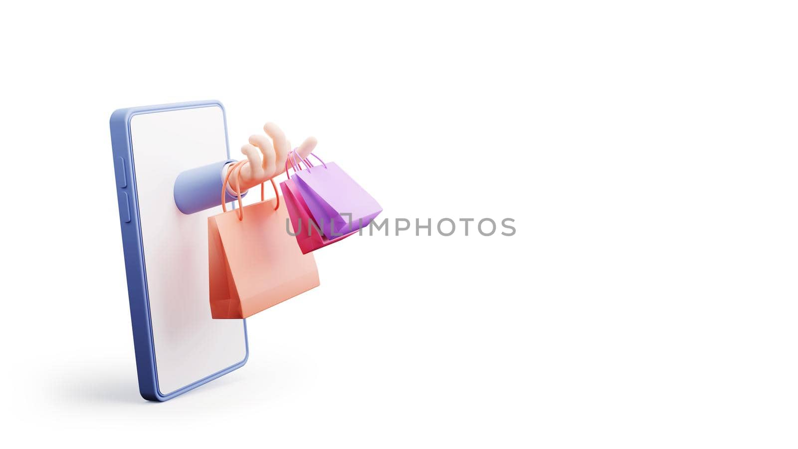 Online shopping concept design of hand holding colorful paper bags coming out from mobile phone on white background with copy space 3D render