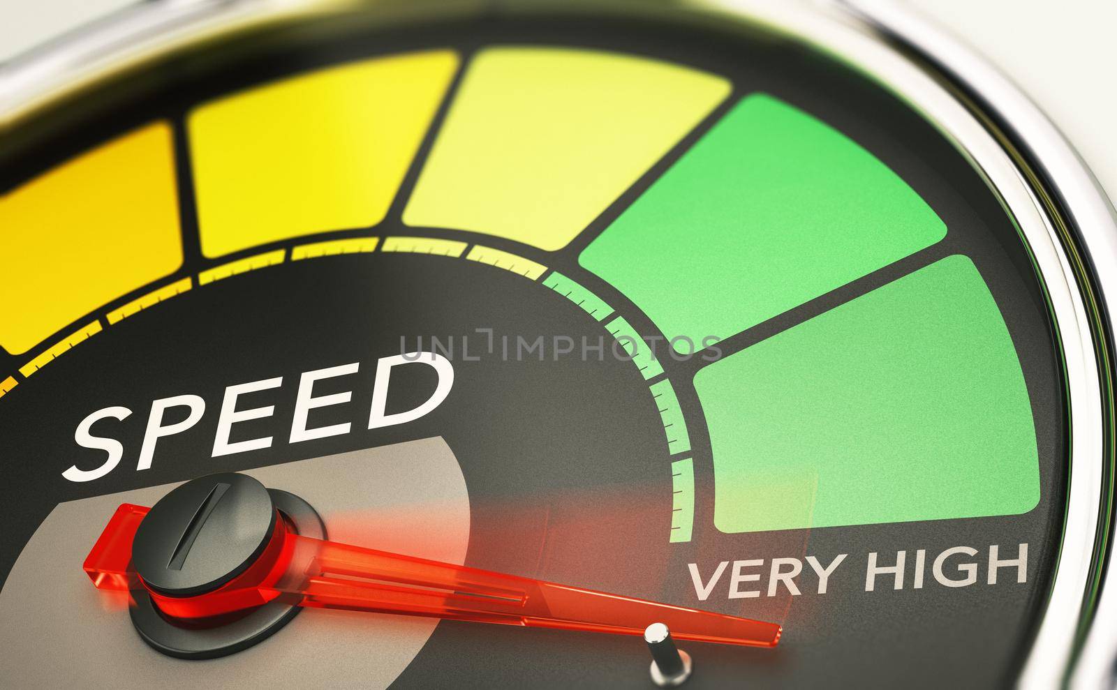 Gauge with needle pointing very high speed. Speeding up internet connection concept. 3d illustration.