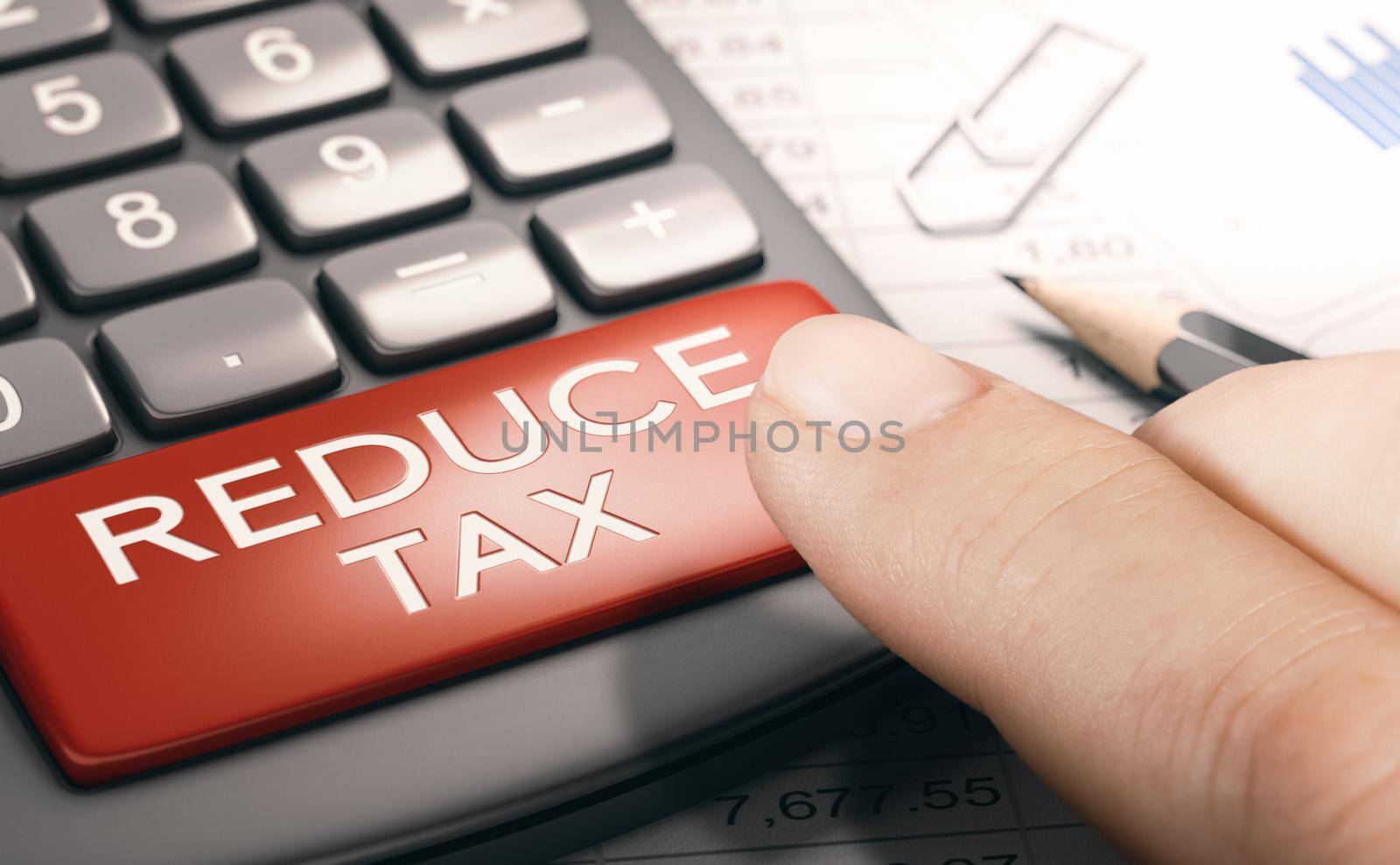Finger pressing a red button with the text reduce tax. Lowering taxable income. Financial concept. Composite image between a hand photography and a 3D background.