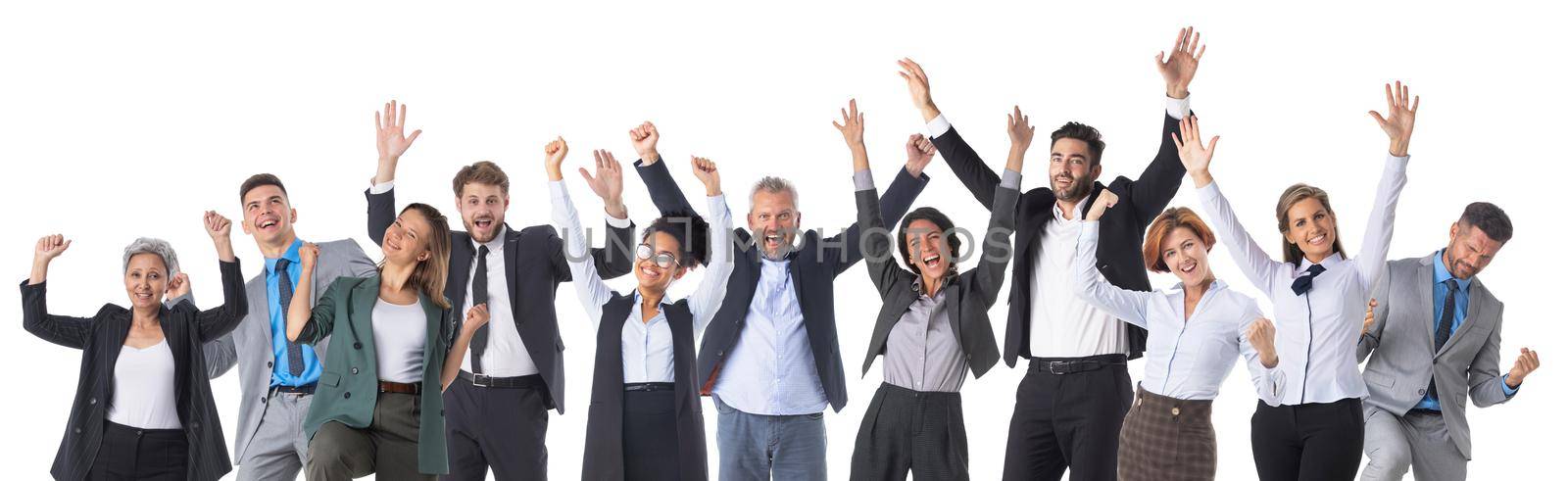 Happy Multi-racial Group Of Business People Raising Arms Isolated Over White Background