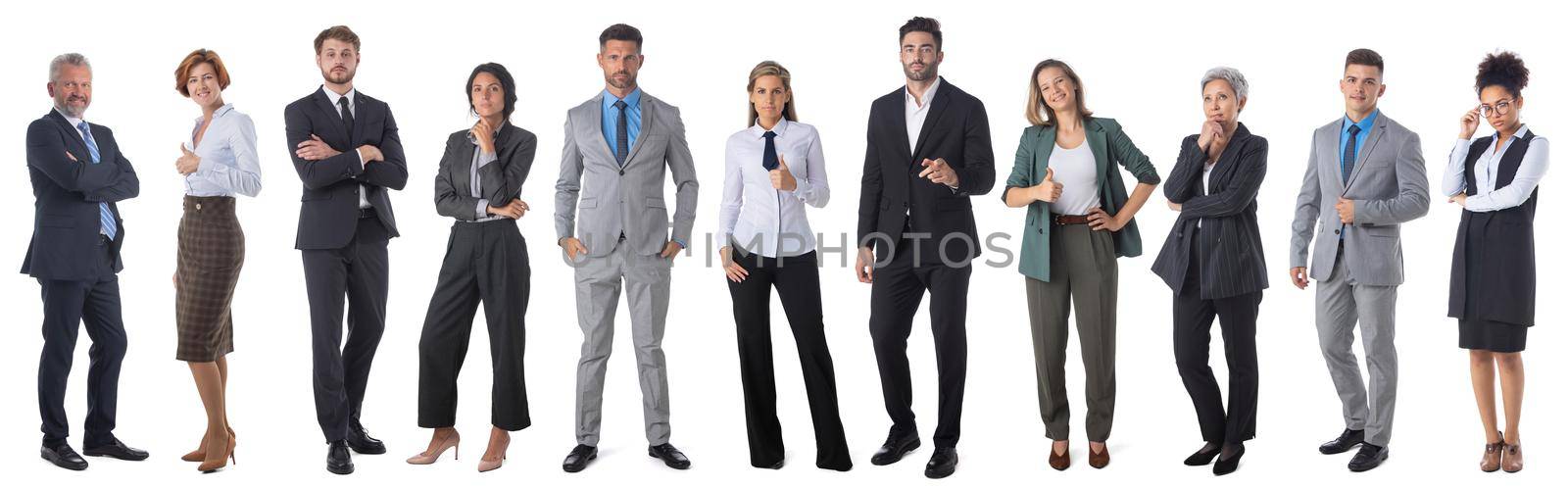 Collage set of multi racial group of business people full body portraits isolated on white background