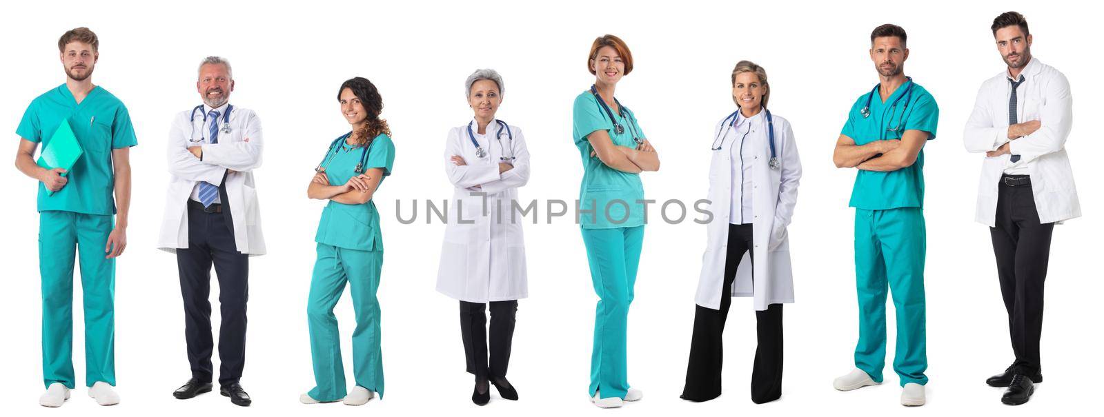 Set of medical staff people doctor nurse in uniform full length portrait isolated on white background