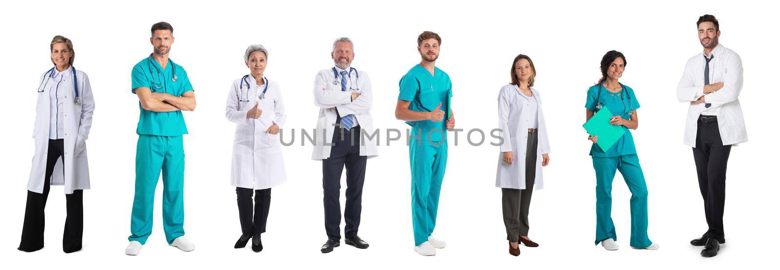 Set of medical staff people doctor nurse in uniform full length portrait isolated on white background