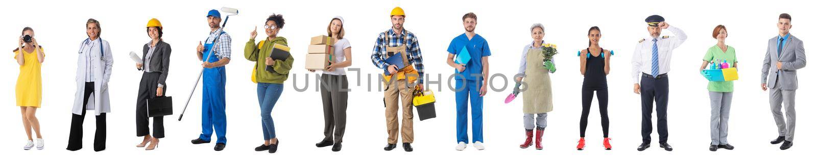 Group of professional workers of different professions isolated on white background, full length portraits, design element