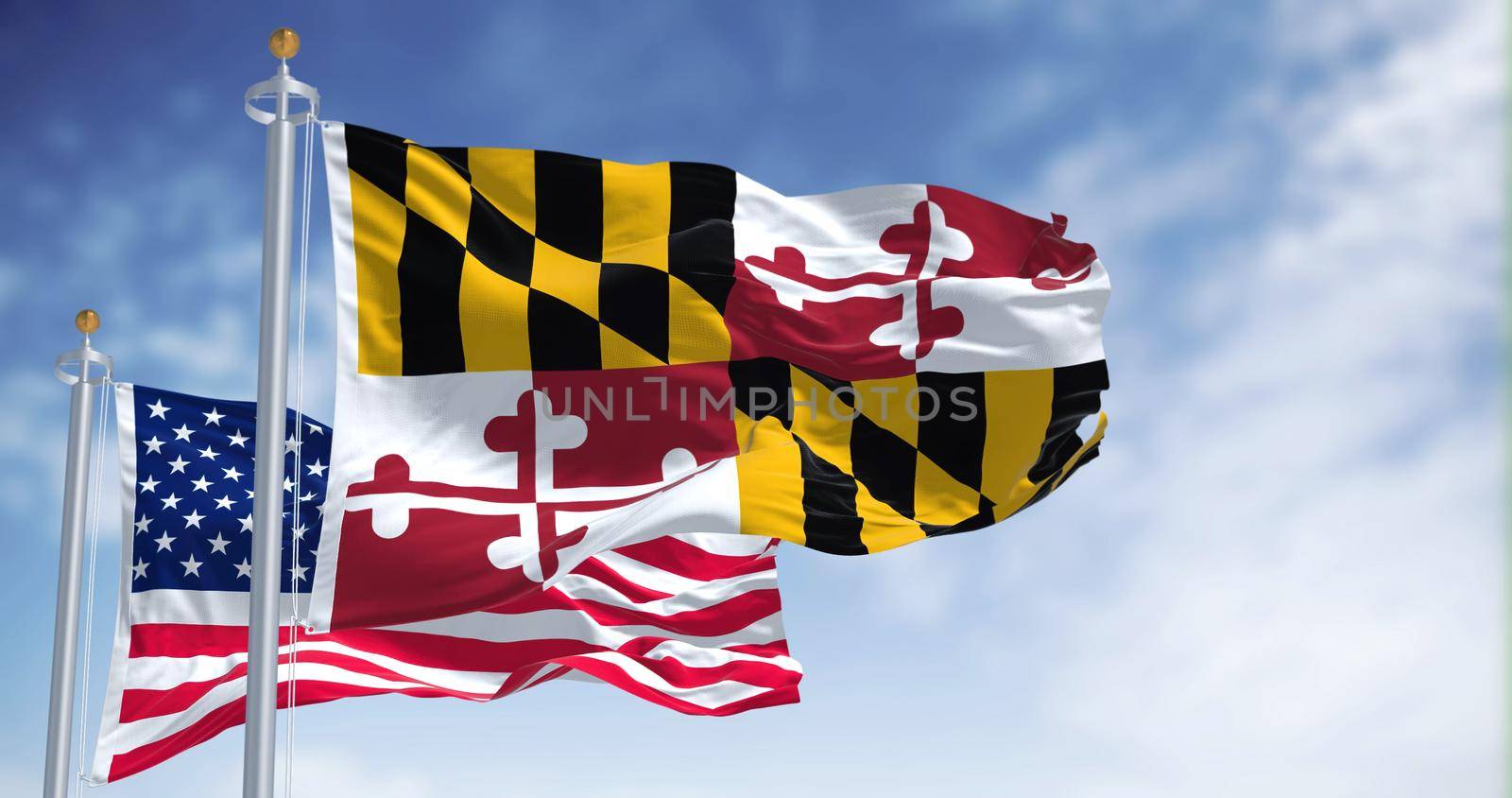 The Maryland state flag waving along with the national flag of the United States of America by rarrarorro
