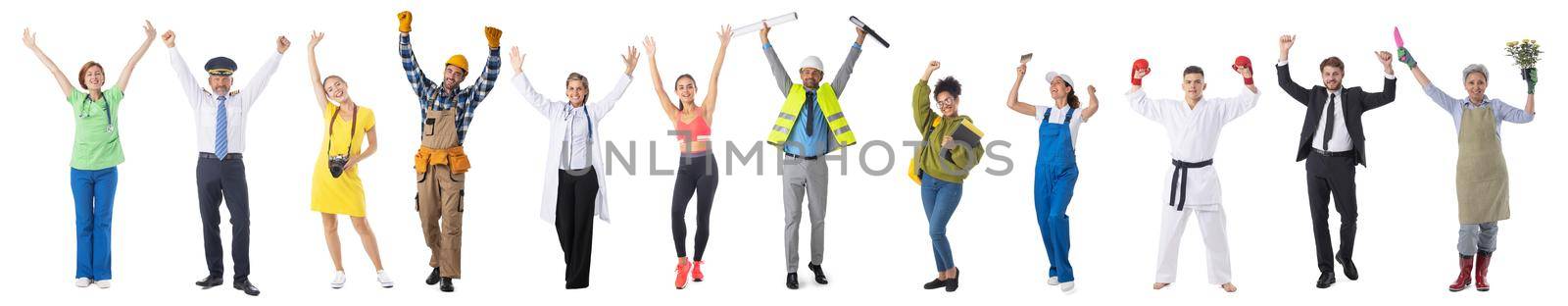 Set collage of professional workers isolated on white background, full length portrait, arms raised, success hr concept