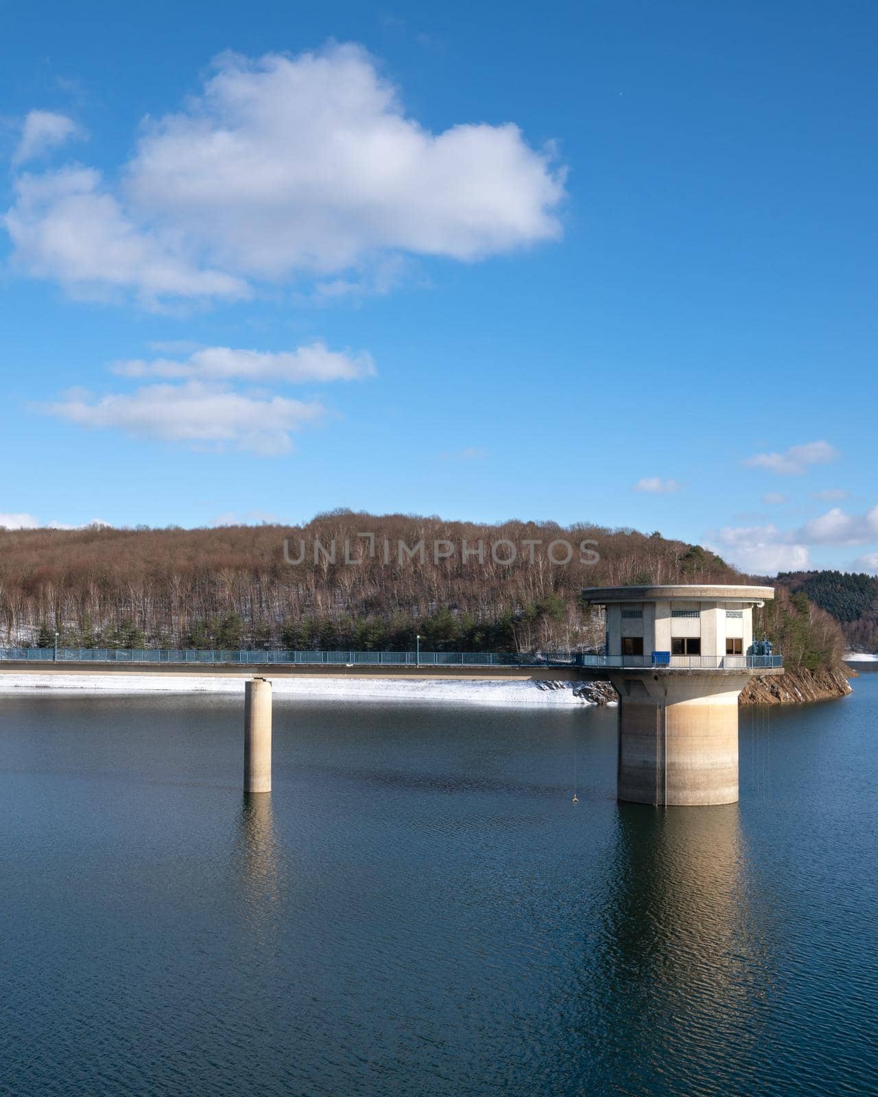 Panoramic image of Dhunn water reservoir during winter, Bergisches Land, Germany