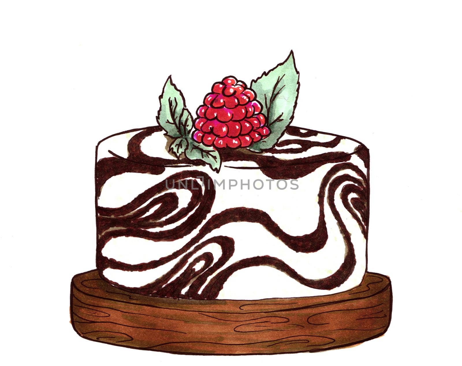 Marble white chokolate cheesecake with raspberries on a wooden stand. Hand drawn cupcake. Alcohol markers