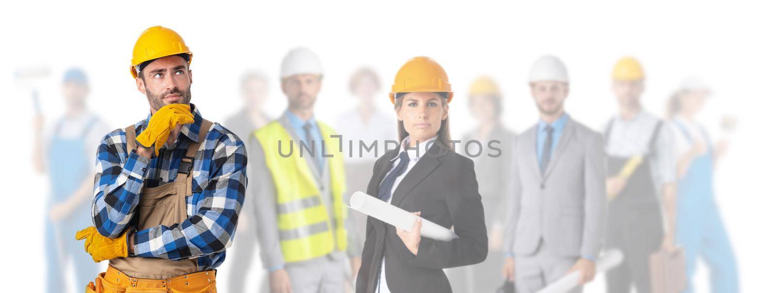 Industrial contractors workers people isolated over white background, builder thinking