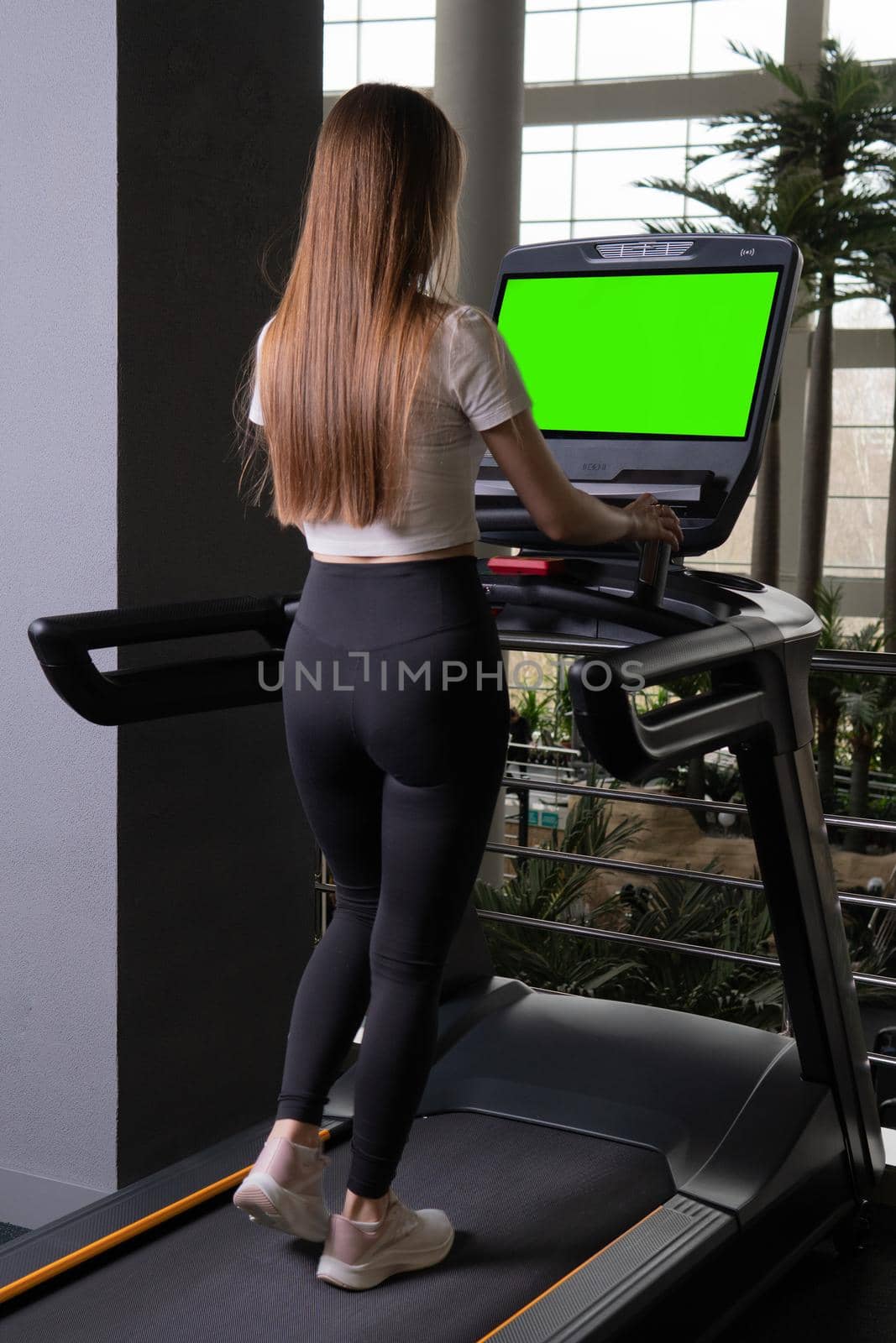 Young indoors length treadmill woman profile full active people, from workout healthy for person for machine gym, equipment together. White run home, green screen