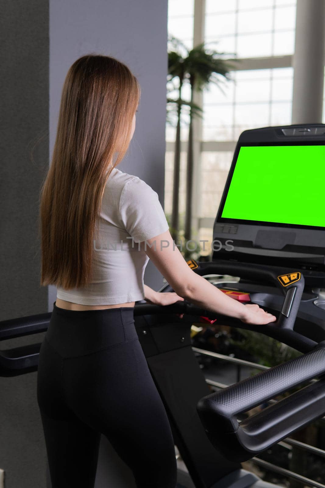 Length treadmill woman young indoors profile full active people, for fitness attractive in health for training gym, muscles beautiful. White care slim, friends by 89167702191