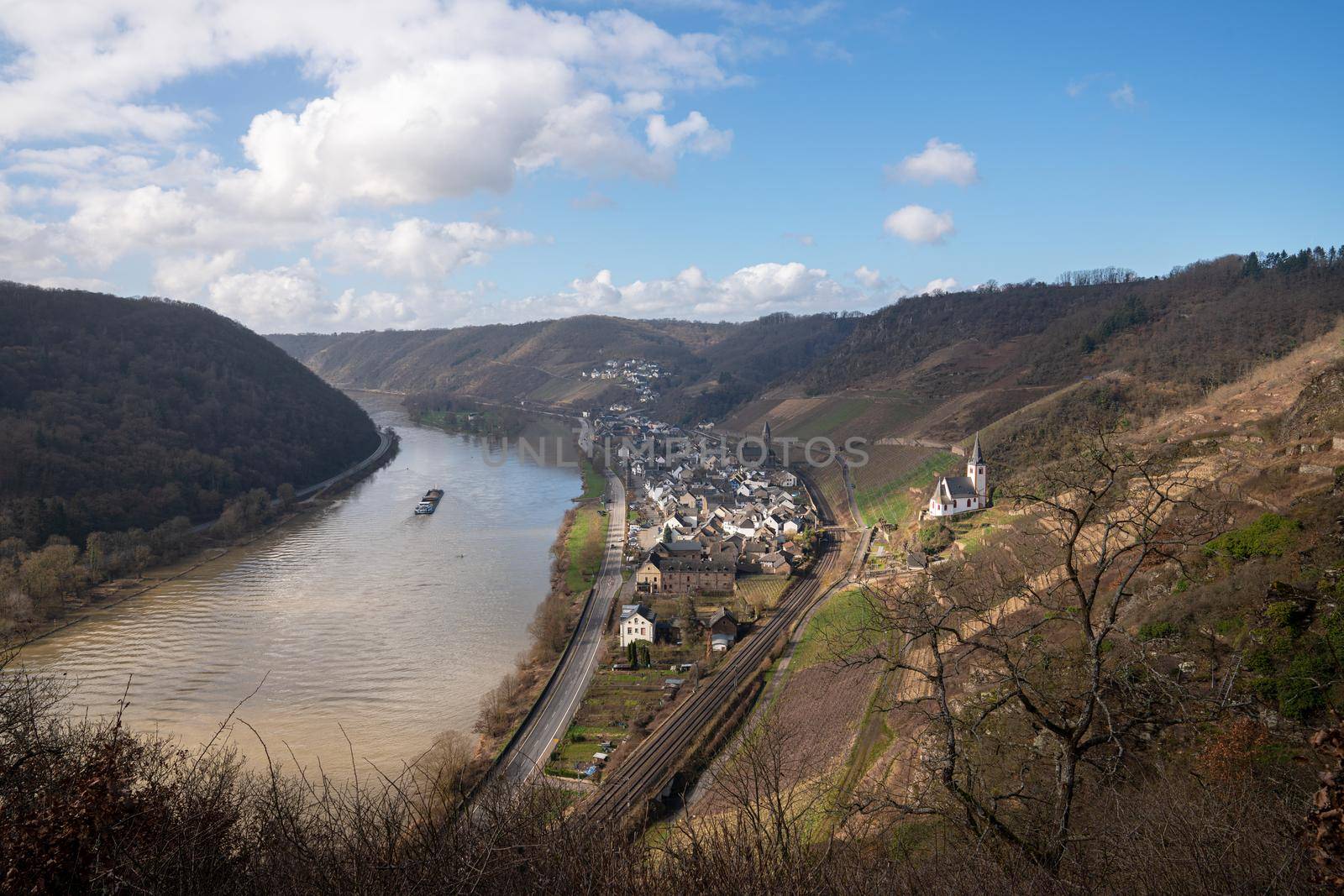Panoramic landscape with view to the village Hatzenport, Moselle, Germany