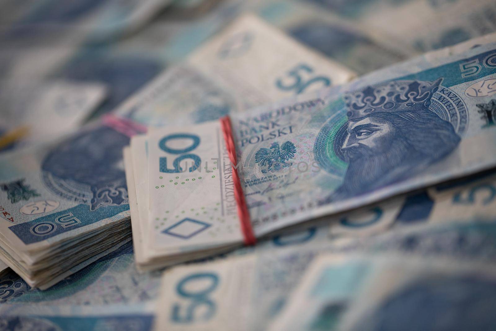 Currency from a Polish bank bundled in files of a dozen paper bills. Top view of the cash.