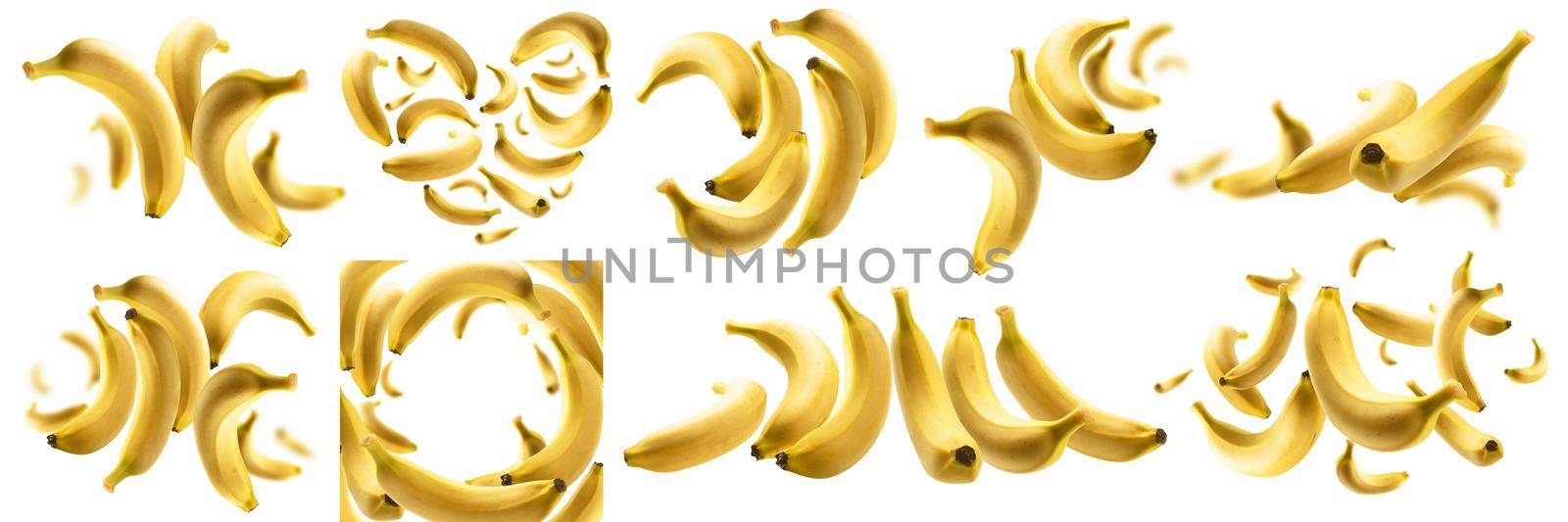 A set of photos. Yellow bananas levitate on a white background.