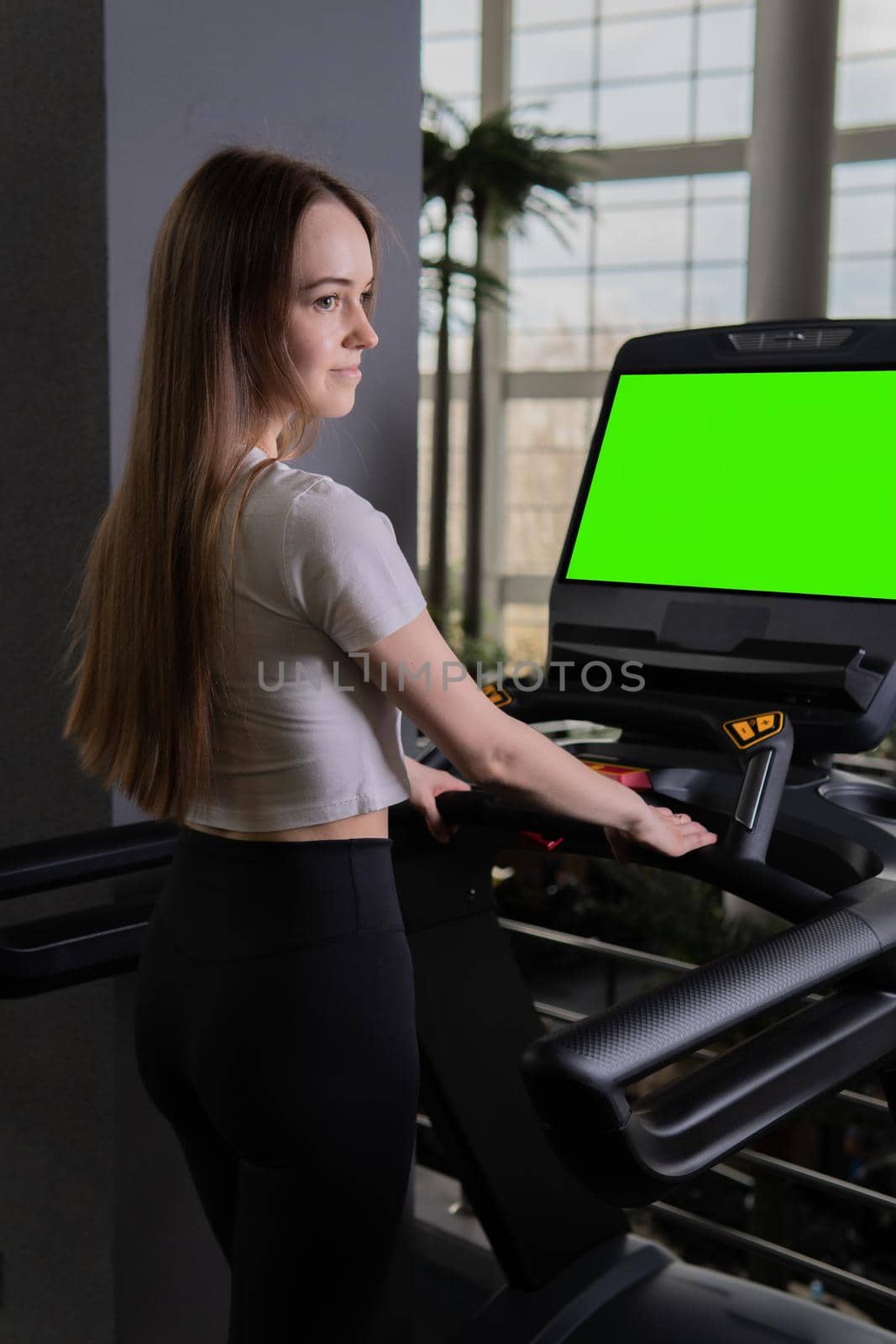 Indoors woman treadmill length young profile full running people, for workout attractive in caucasian for machine gym, muscles beautiful. Jogging legs home,