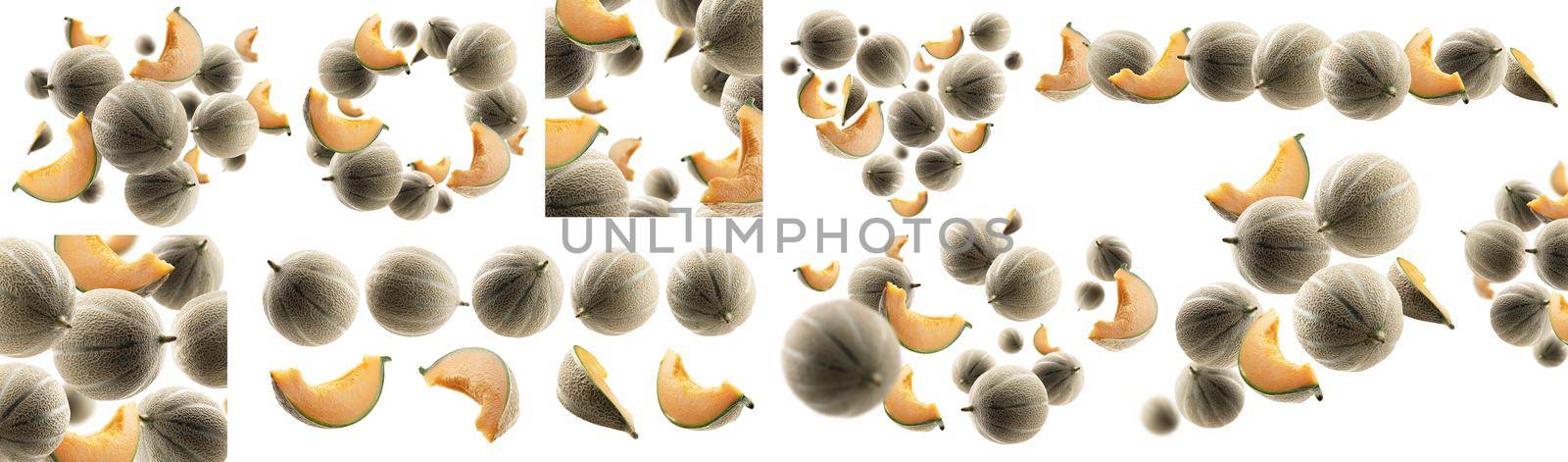 A set of photos. Whole and slices of melon levitate on a white background.