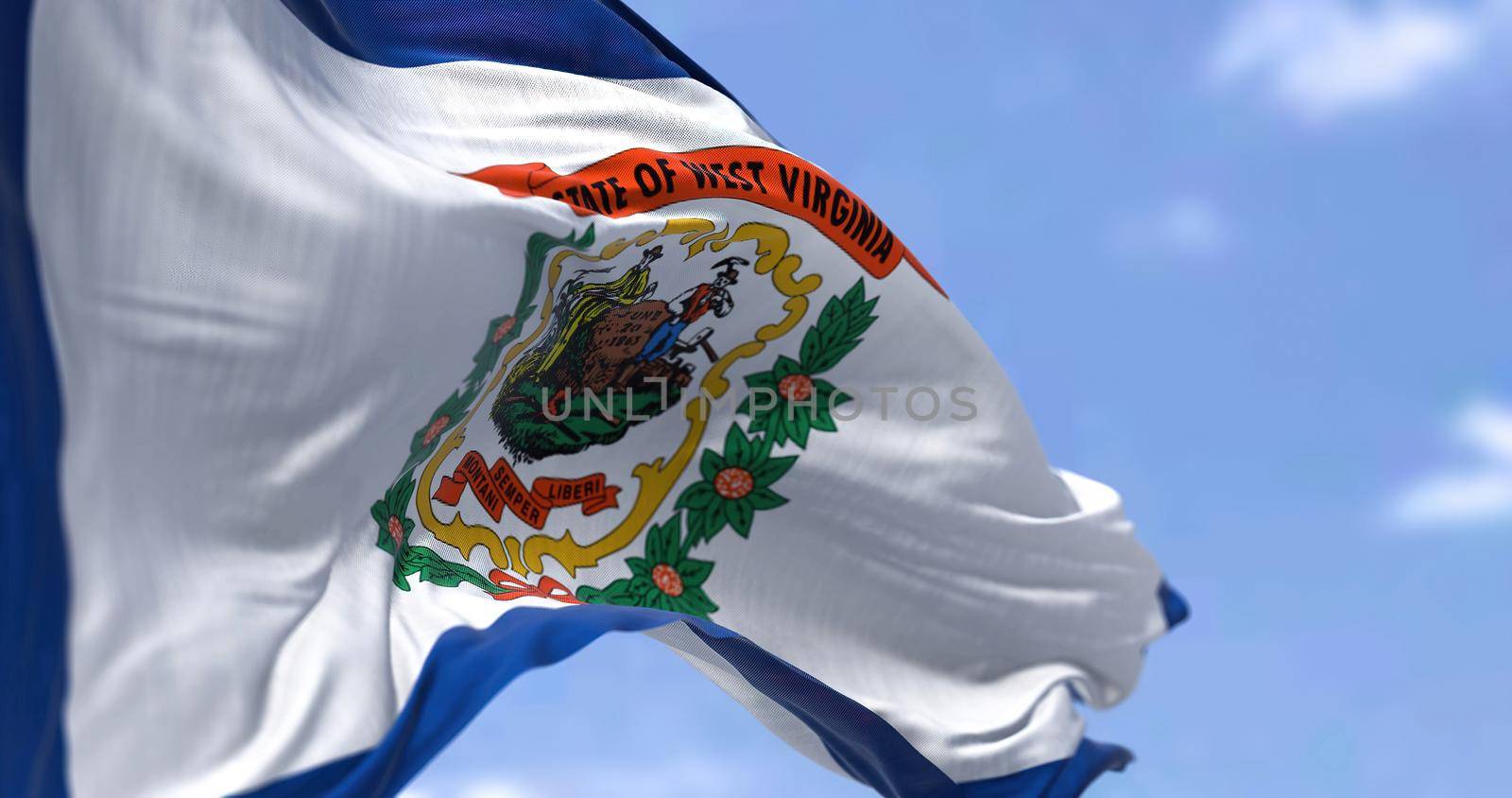 The US state flag of West Virginia waving in the wind. West Virginia is a state in the Southeastern region of the United States. Democracy and independence.