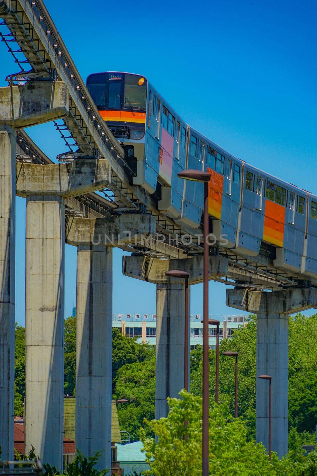 Tama city monorail and fresh green. Shooting Location: Tokyo Metropolitan Hino City