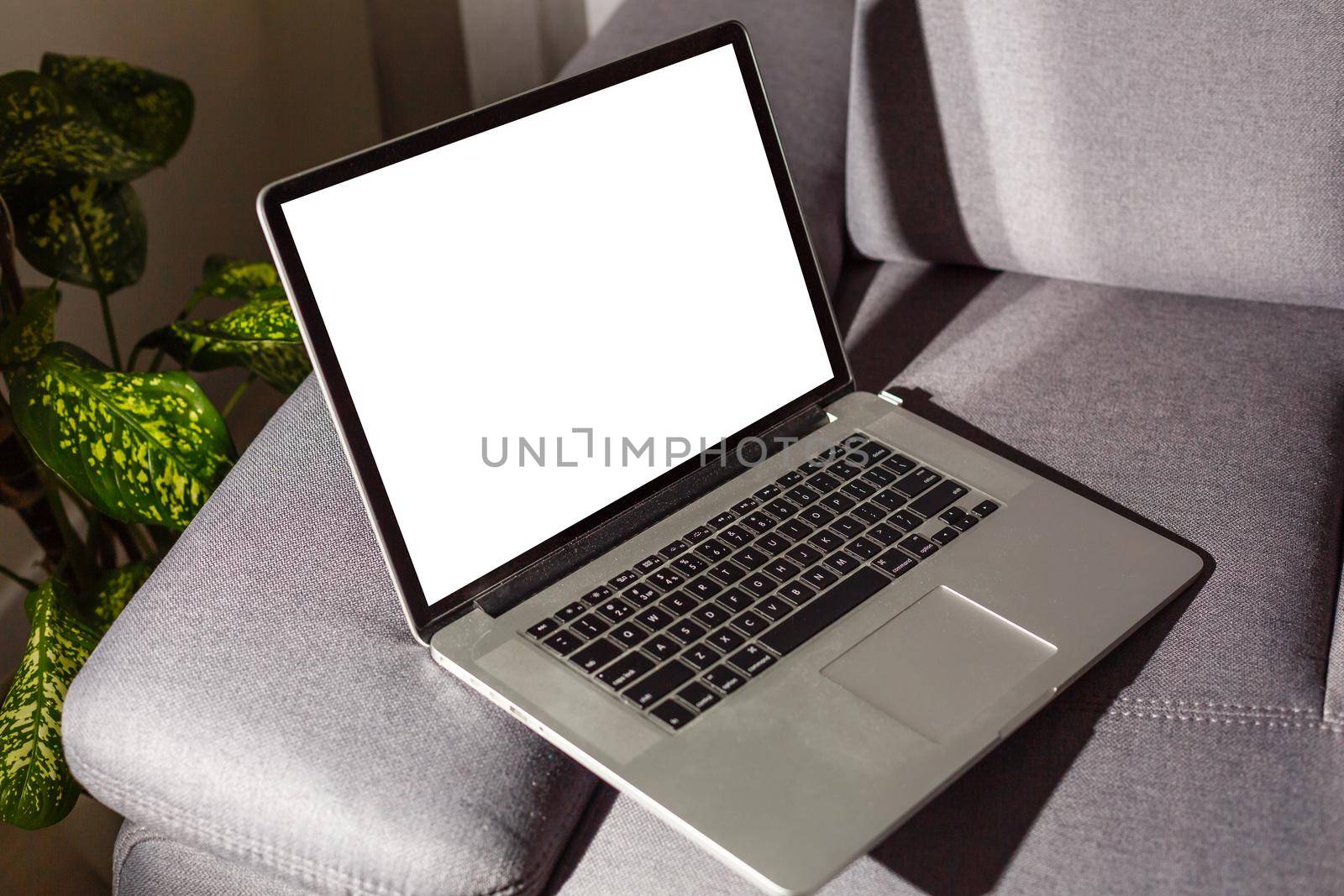 Blank screen laptop computer on sofa.