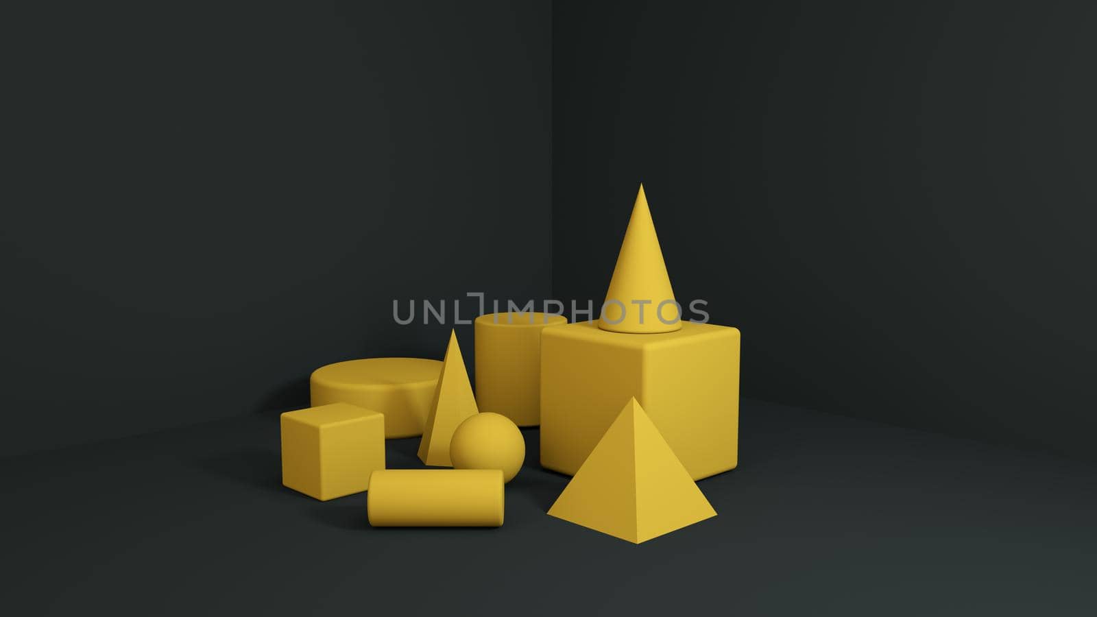 Modern Primitive yellow 3d shapes in corner .Minimal abstract background for product presentation 3d illustration by crazymotions