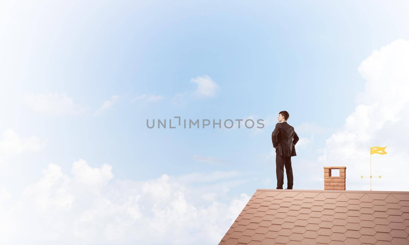Young determined businessman standing with back on house roof and looking away. Mixed media