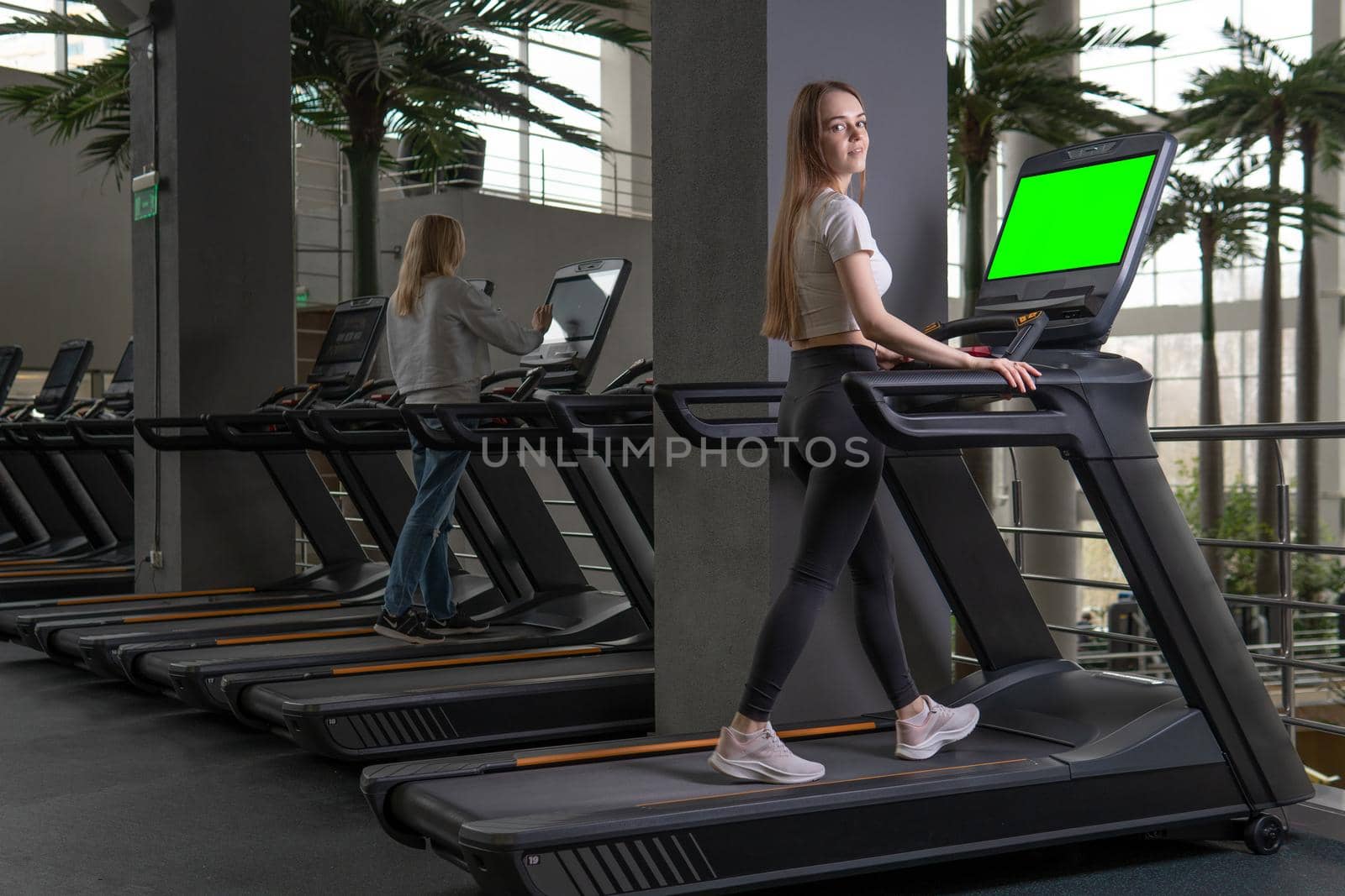 Woman treadmill indoors young length profile full running people, for lifestyle fit from body from adult cardio, muscles beautiful. Jogging care home, friends by 89167702191