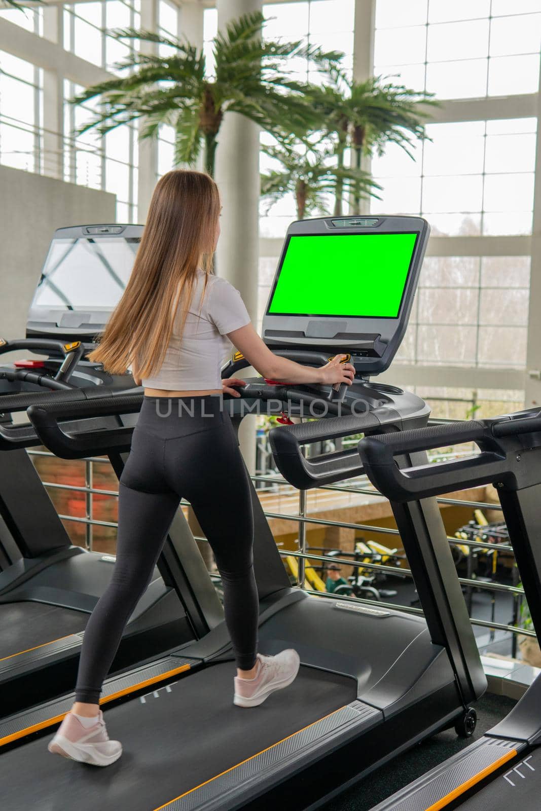 Woman length indoors treadmill young profile full exercise sport, from fitness attractive from health for machine gym, runner together. Jogging run slim, green screen by 89167702191