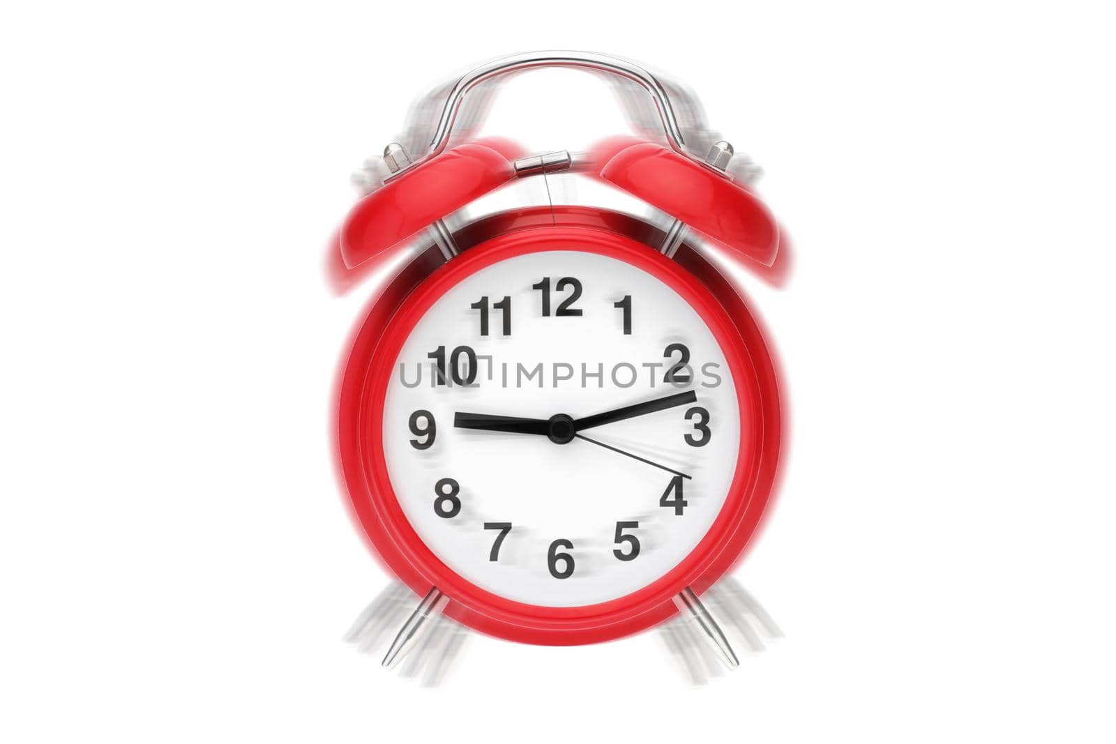 A ringing alarm clock. Red retro alarm clock on white with ringing effect