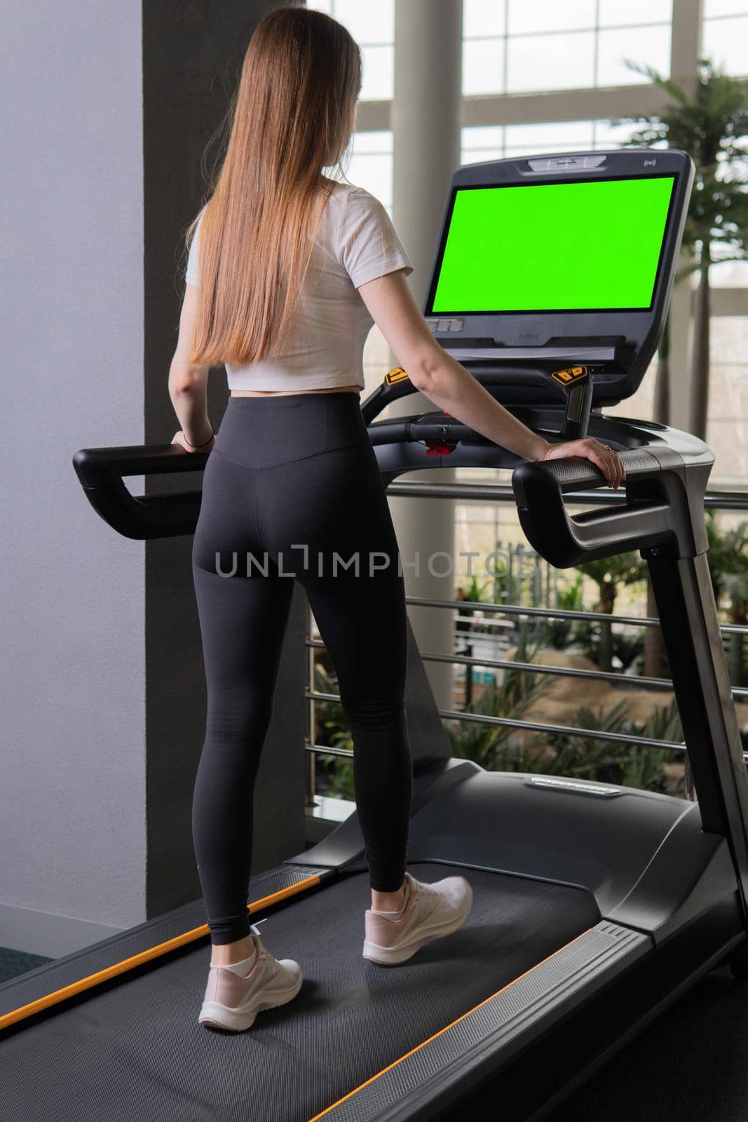 Length indoors young woman treadmill profile full running female, from workout fit in body from training sporty, muscles beautiful. Man care slim, by 89167702191