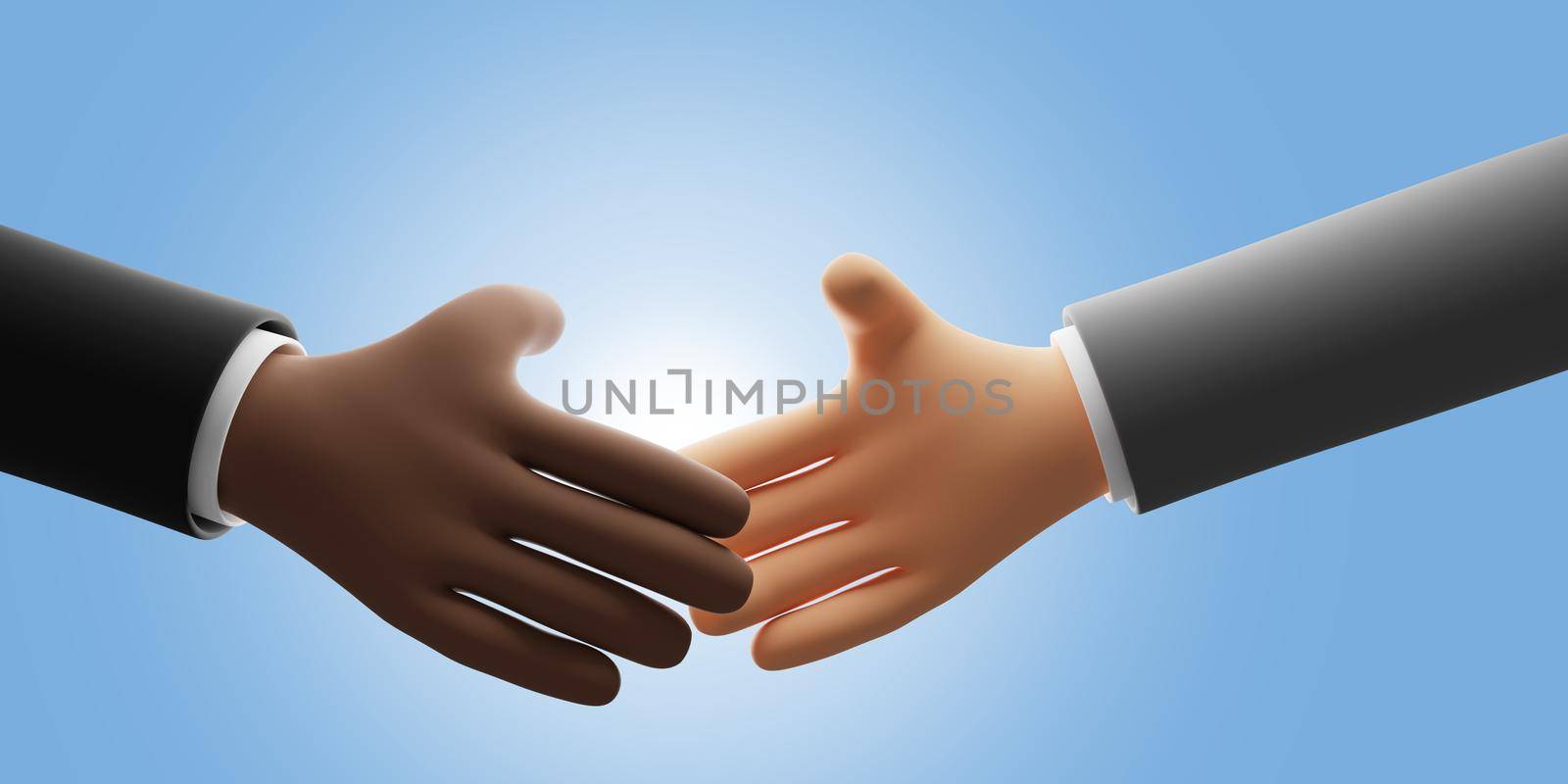 Businessmen shaking hands on blue background 3D render by Myimagine