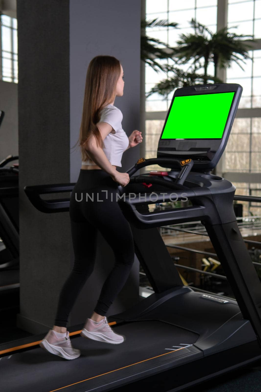 Length young woman indoors treadmill profile full running sport, for workout attractive in body and machine recreation, sportswoman together. Man run home, green screen by 89167702191