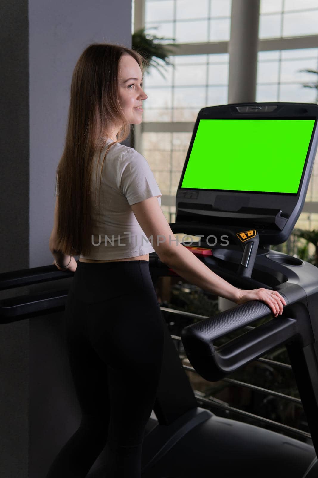 Woman young treadmill indoors length profile full exercise sport, for lifestyle fit in body and machine cardio, equipment together. Jogging legs home, by 89167702191