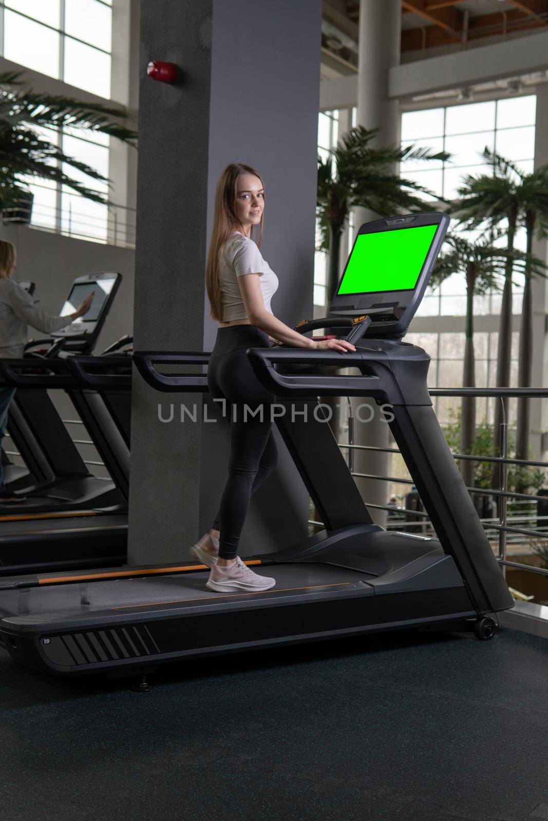 Length indoors young treadmill woman profile full running female, for fitness fit in body and sportswear sporty, muscles beautiful. Jogging run home,