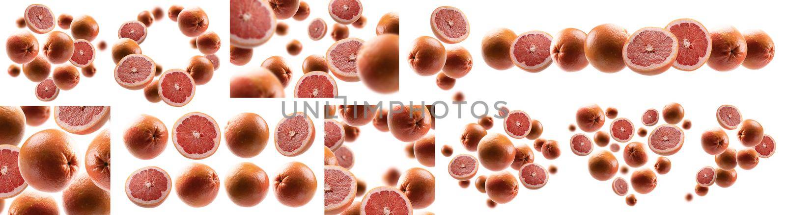 A set of photos. Whole and cut grapefruits levitate on a white background.