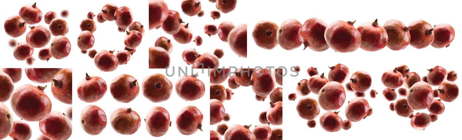 A set of photos. Ripe pomegranates levitate on a white background.