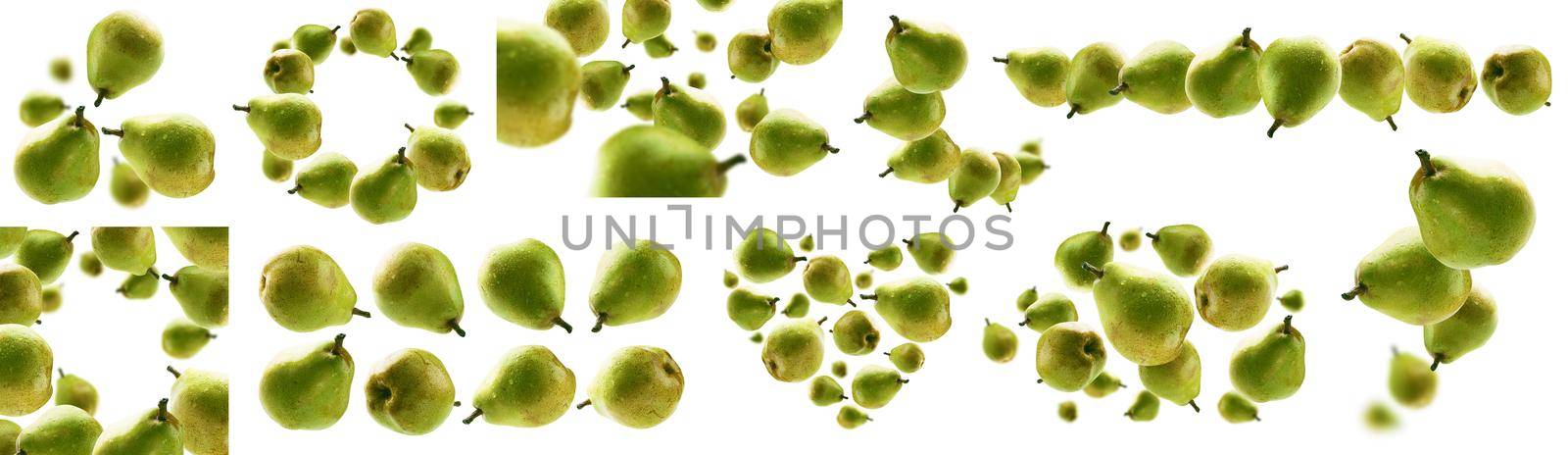 A set of photos. Green pears levitate on a white background.