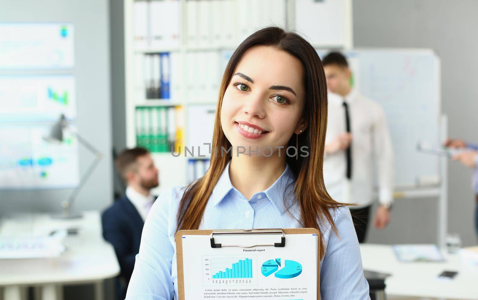 Portrait of smiling businesswoman stand with clipboard, manager analysing statistics date. Business, teamwork, developing new project or startup concept