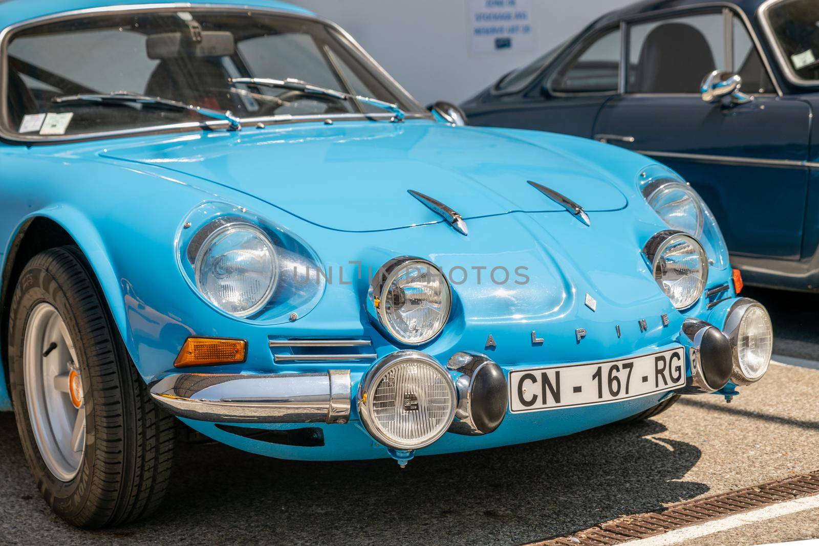 DIEPPE, FRANCE - JUNE 30, 2018: Alpine car blue modele 110 Berlinette V85 on the exposition Vintage and classic Cars.