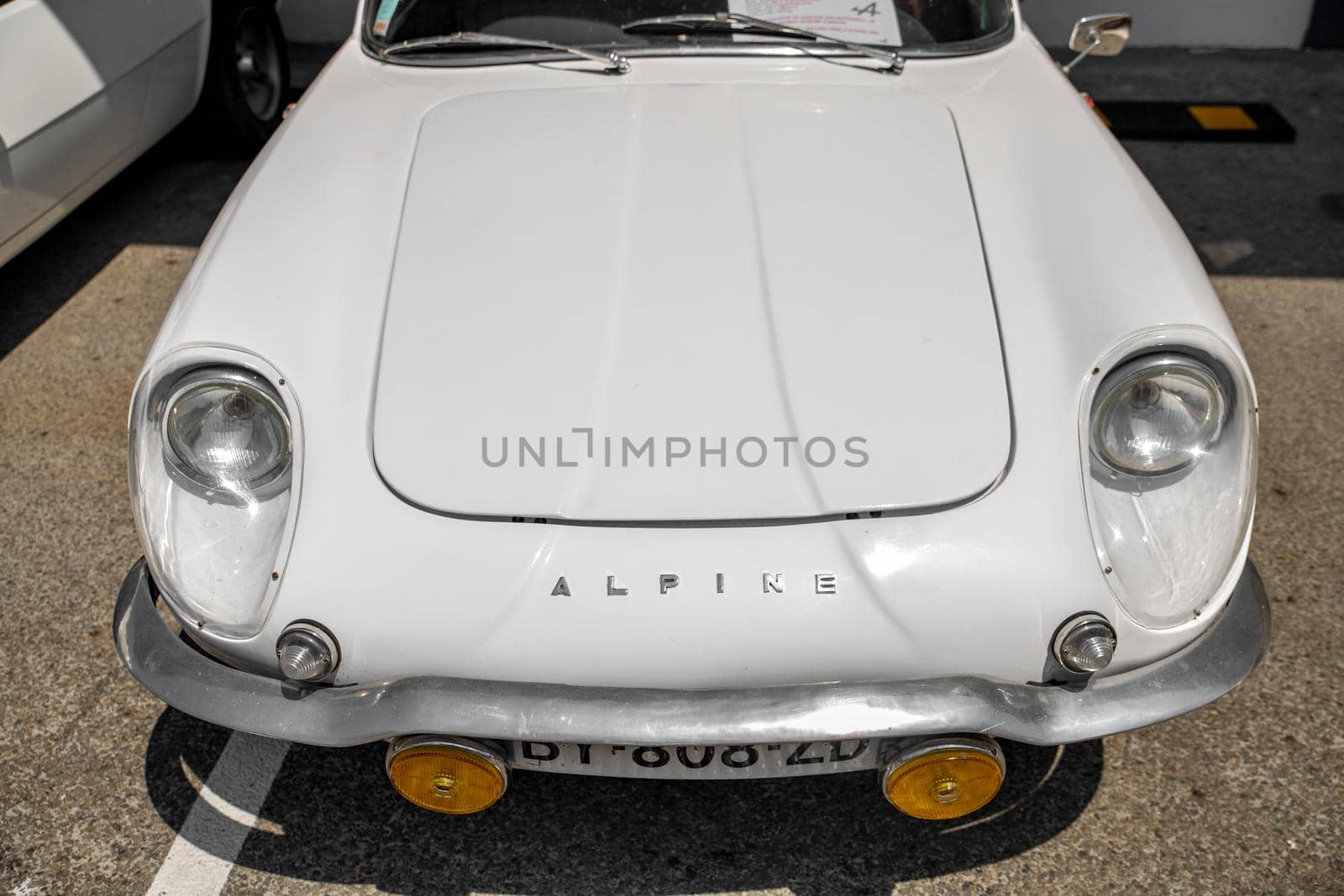 DIEPPE, FRANCE - JUNE 30, 2018: Renault Alpine car blue modele 110 Berlinette V85 on the exposition Vintage and classic Cars.