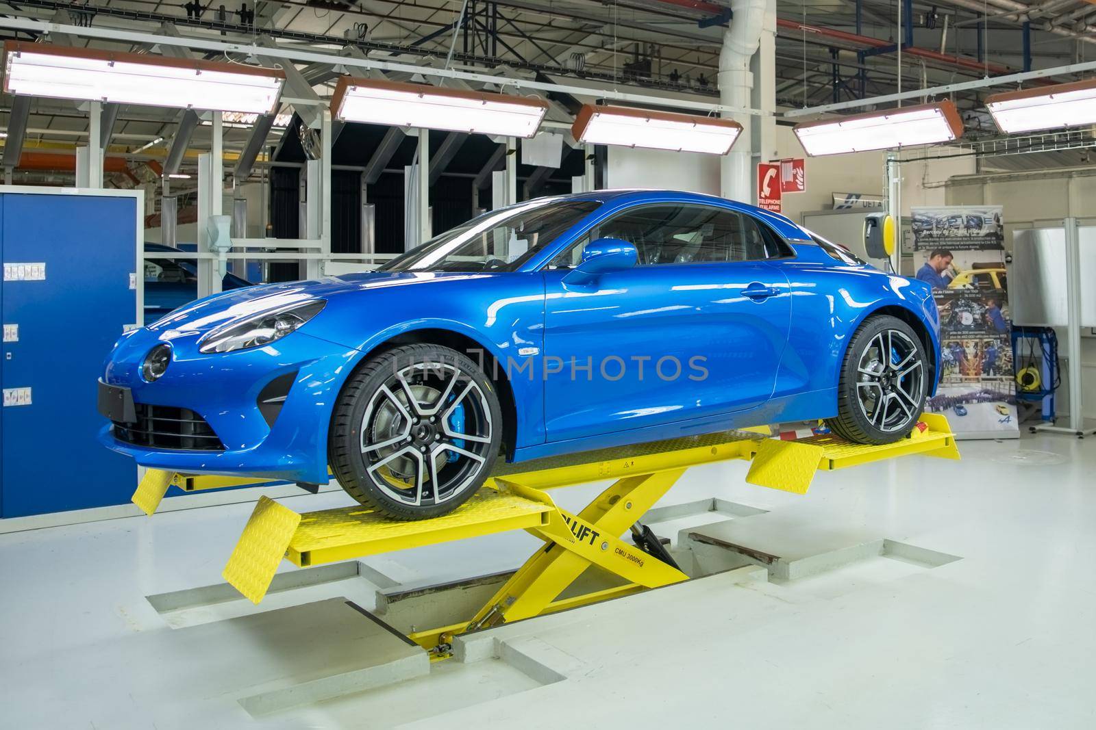 DIEPPE, FRANCE - JUNE 30, 2018: The new model of the sports car Alpine A110 is exhibited at the factory