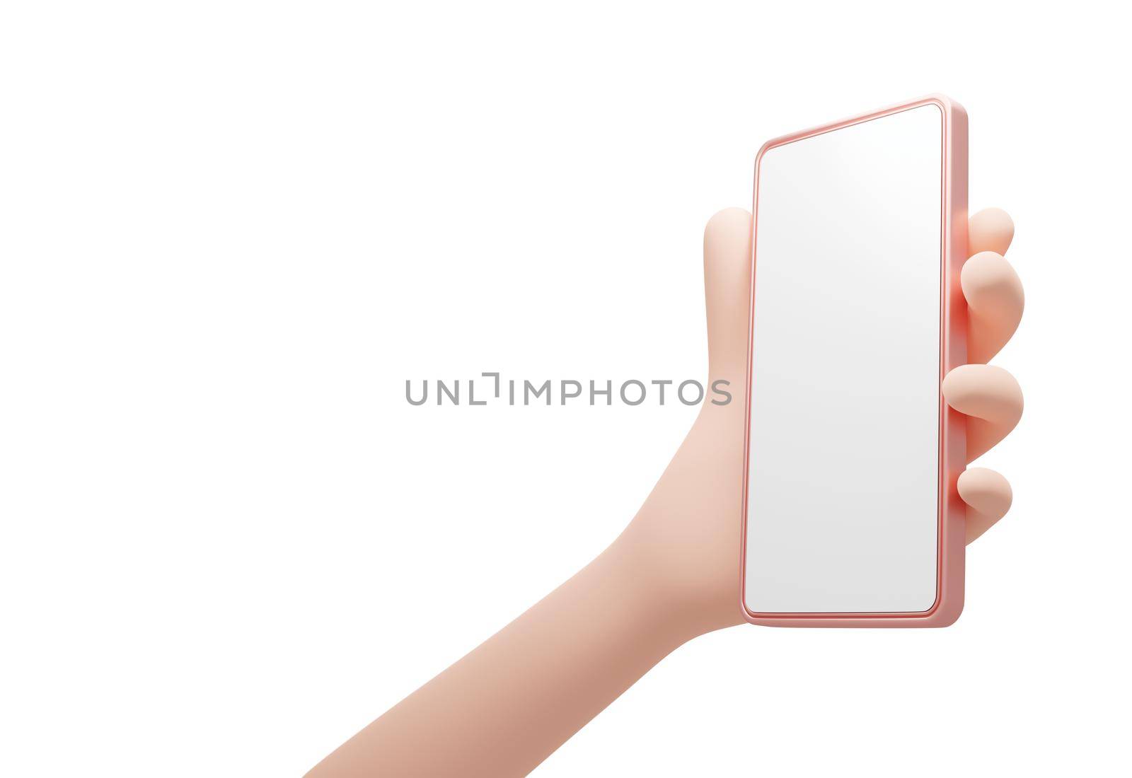 Hand holding rose gold mobile phone isolated on white background 3D render