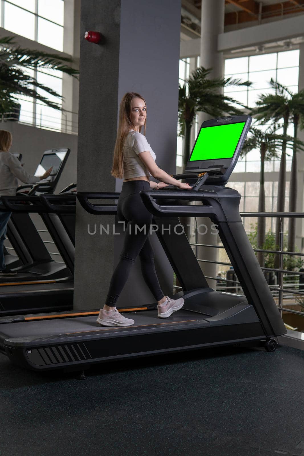 Length woman treadmill young indoors profile full running people, from workout fit in caucasian and adult cardio, sportswoman together. White legs slim, by 89167702191