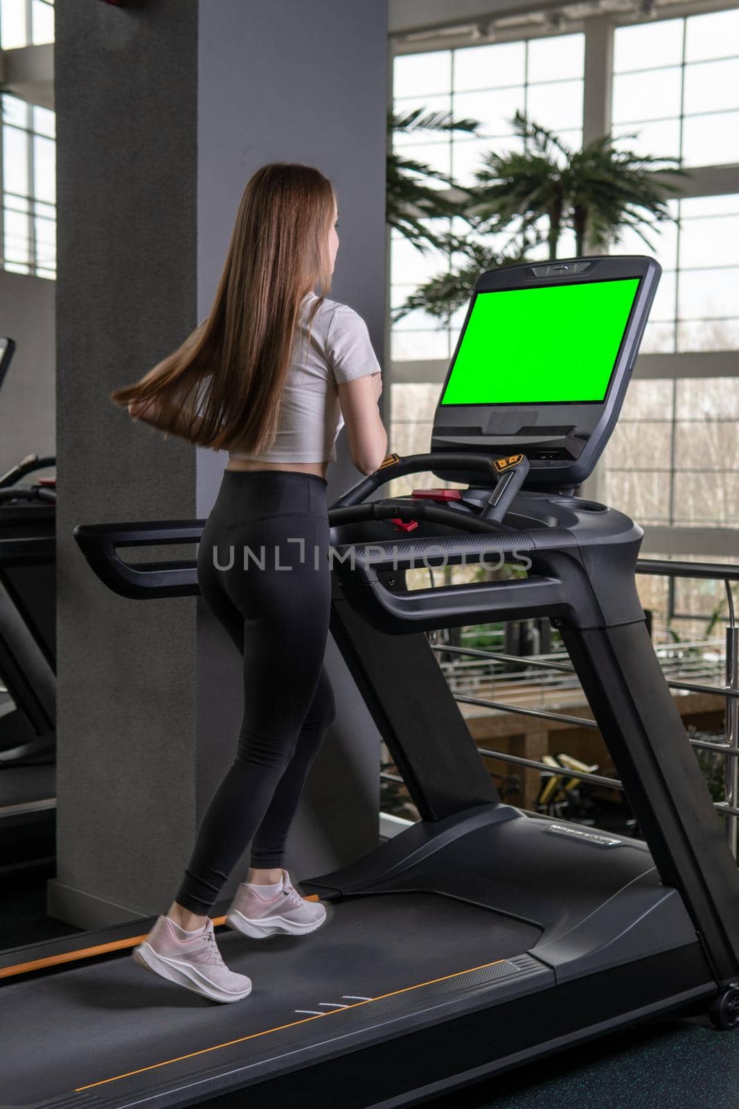 Treadmill woman length indoors young profile full exercise sport, for lifestyle attractive in person and adult recreation, sportswoman together. Jogging legs slim, portrait by 89167702191