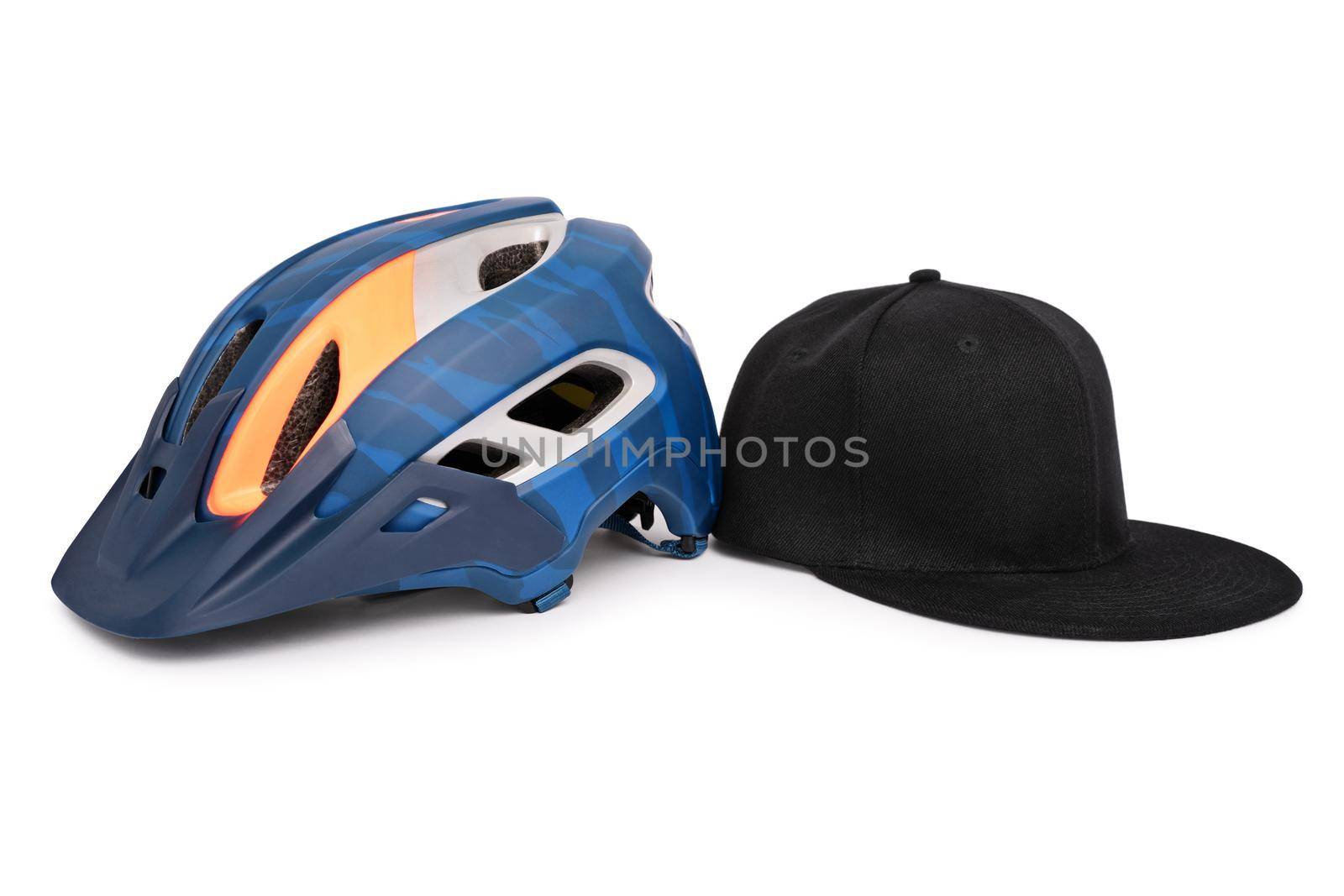 Bike helmet and a baseball snapback hat side by side by Mendelex