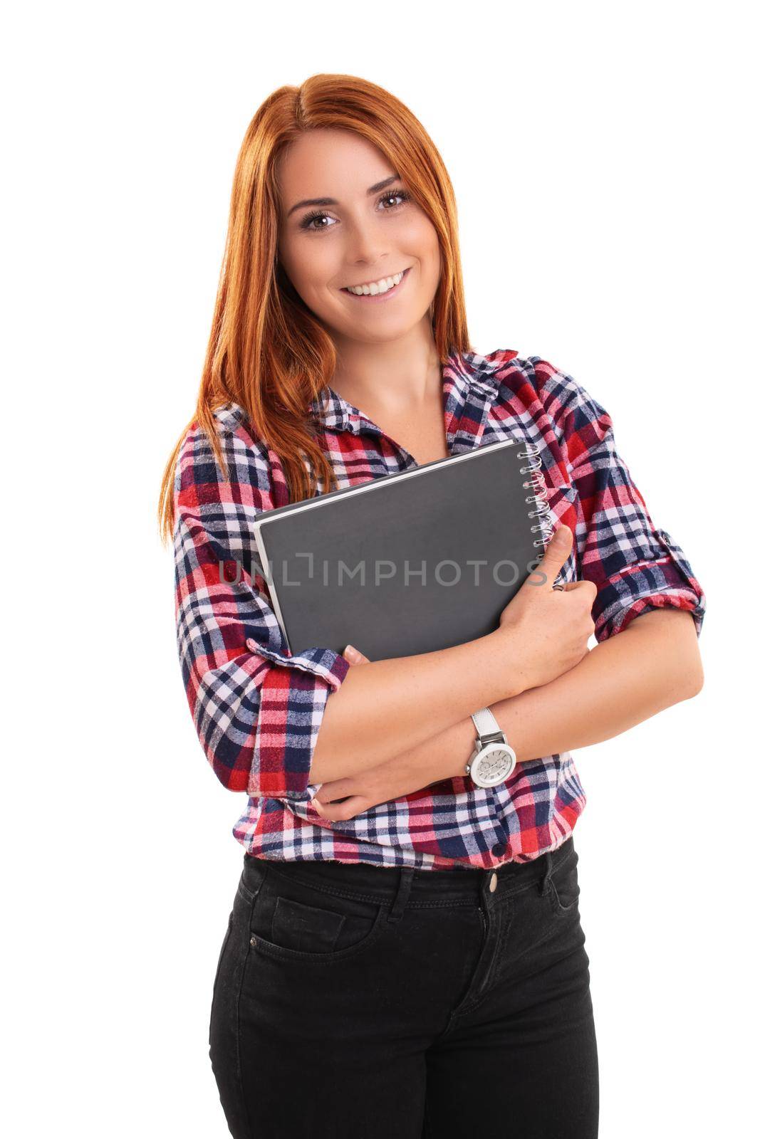 Smiling young woman holding a notebook by Mendelex