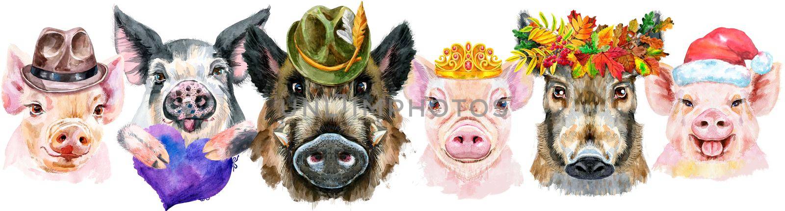 Border from pigs. Watercolor portraits of pigs and boars by NataOmsk