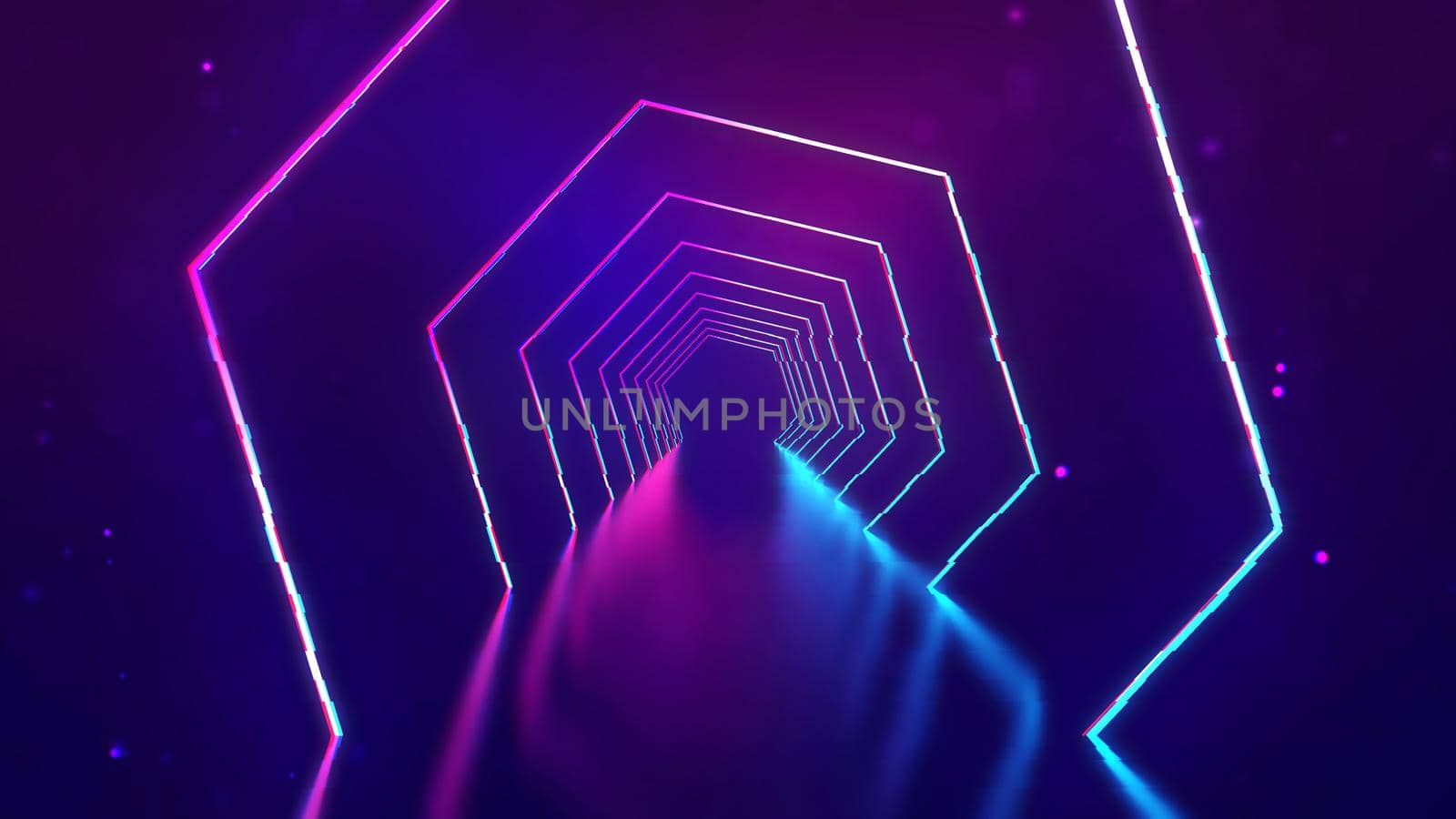 Room with neon lights. Ultraviolet abstract background with neon corridor. 3d technology background. Color illuminated interior with led rays and lasers futuristic. 3d rendering. by DmytroRazinkov